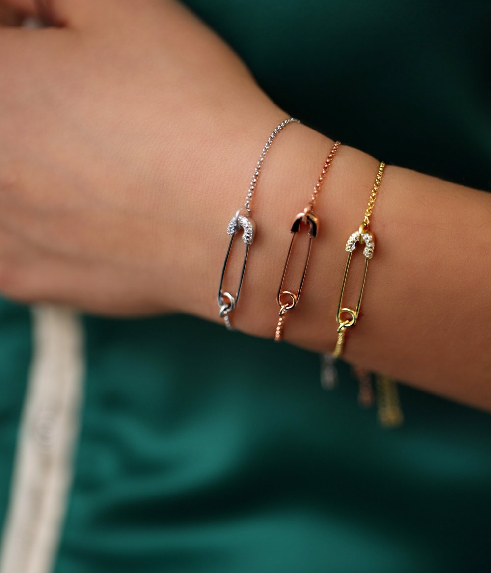 Safety Pin Cz Adjustable Bracelet