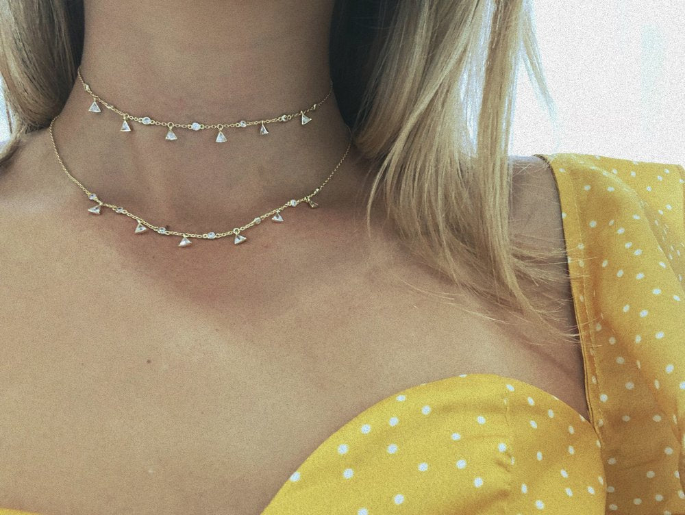 ALTERNATING CIRCULAR + TRIANGULAR CZ SHAKER CHOKER NECKLACE