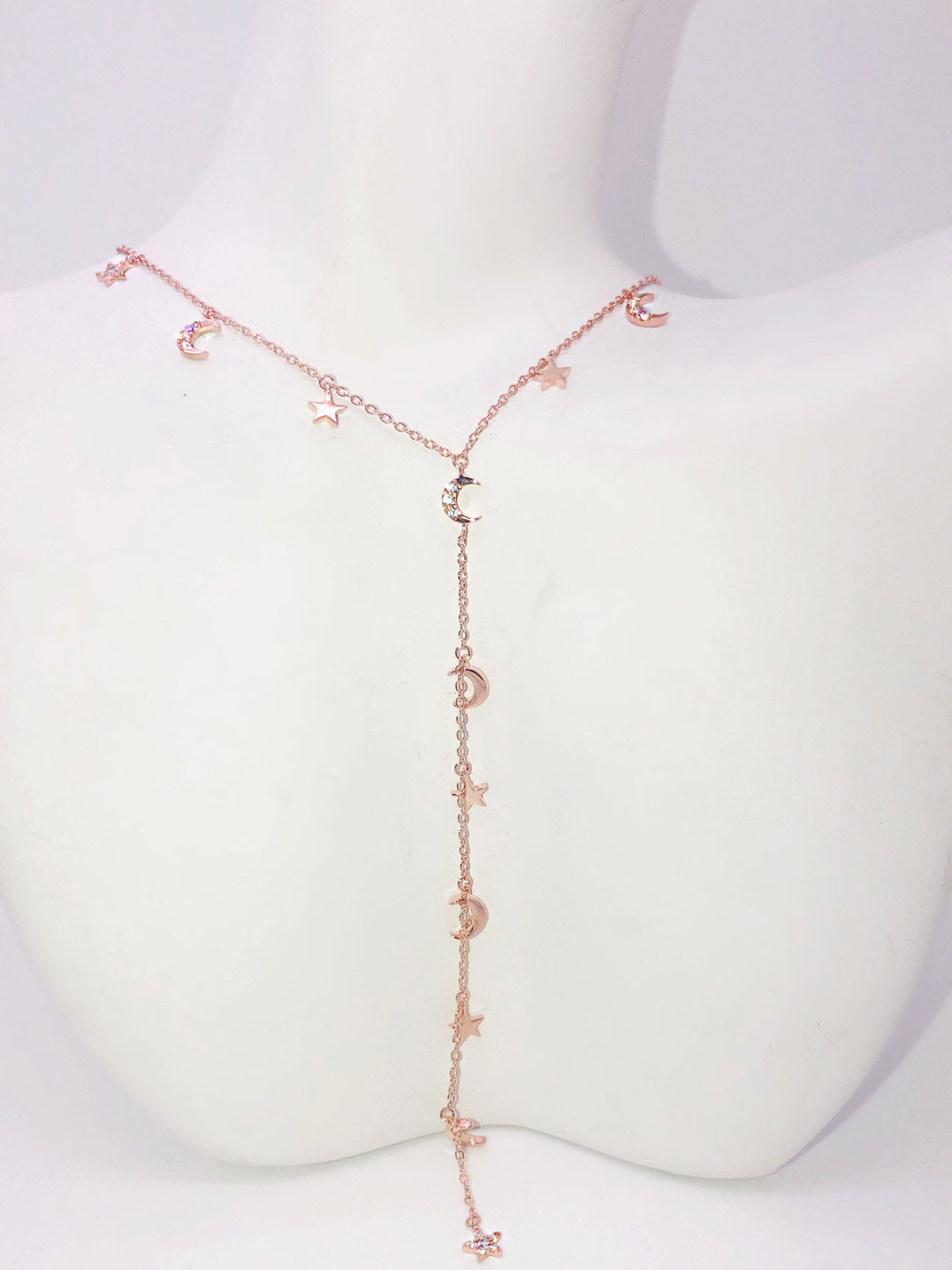 STAR AND MOON CZ LARIAT NECKLACE