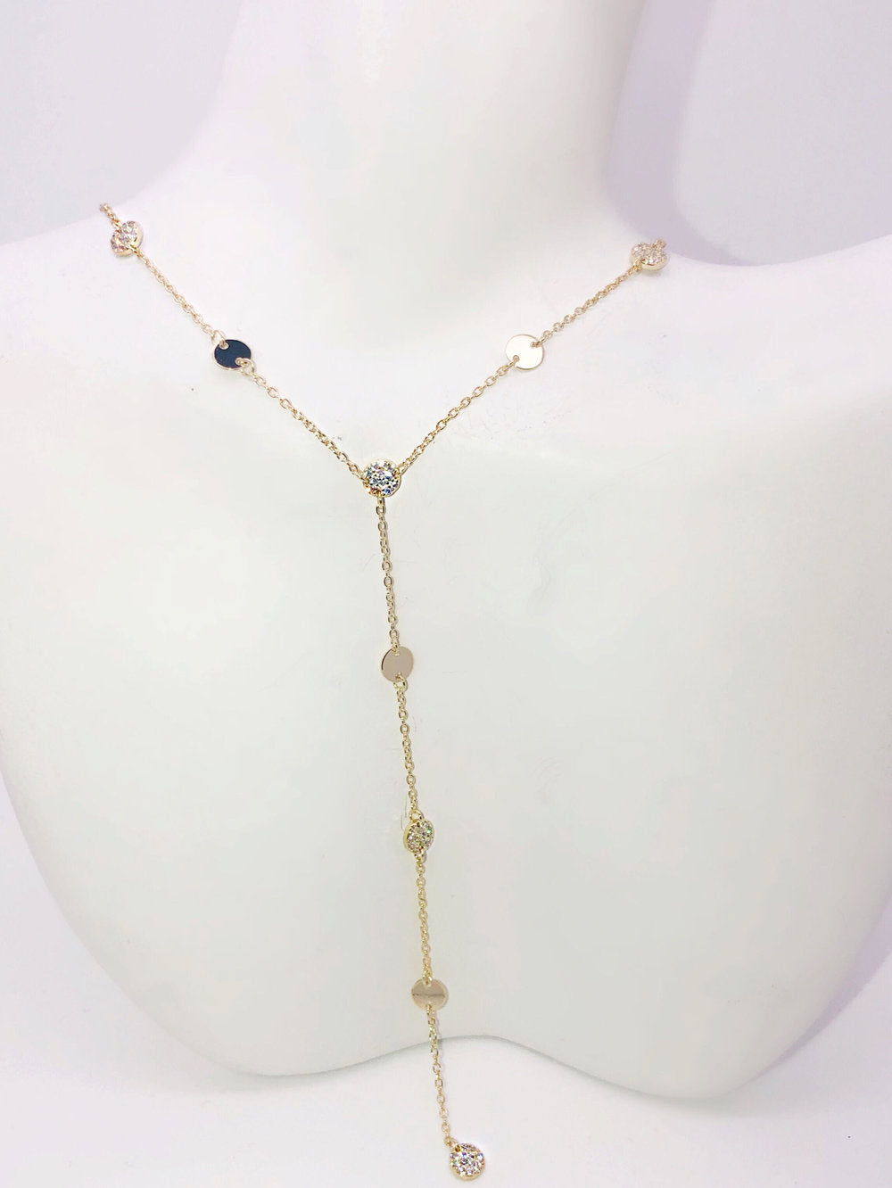 ALTERNATING CZ DISC LARIAT NECKLACE