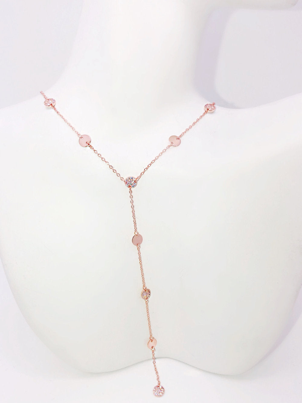 ALTERNATING CZ DISC LARIAT NECKLACE