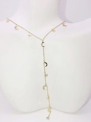 STAR AND MOON CZ LARIAT NECKLACE